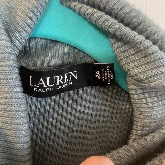 Lauren Ralph Lauren Faux Leather Trim Turtleneck Sweater XL Teal Heather/brown - Picture 3 of 11